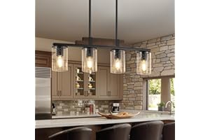 HUONG SON Farmhouse Wood Kitchen Island Lighting, 4-Light Adjustable Chandelier for Dining Room, Seeded Glass Shade Dining Room Light Fixture Over Table, Black Hanging Pendant Lights for Kitchen, Pool Table