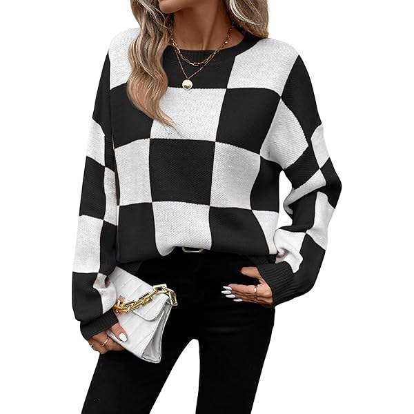 Women's Color Block Checkered Crew Neck Long Sleeve Y2K