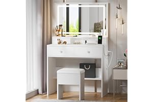 Haewon White Makeup Vanity with Lighted Mirror and Charging Station, Vanity Table Set with Adjustable Lighting, 4 Drawers, Storage Chair for Bedroom
