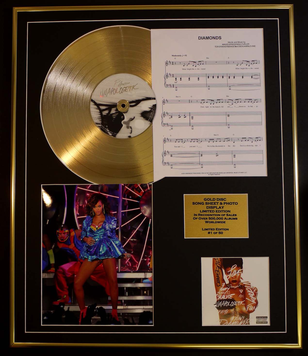 RIHANNA/CD GOLD DISC, SONG SHEET & PHOTO DISPLAY/LTD. EDITION/COA/ALBUM, UNAPOLOGETIC/SONG SHEET, DIAMONDS