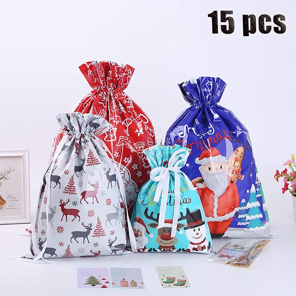 Vicor Pack of 15 Christmas Gift Bags, Christmas Bags with Drawstring with 30 Tags, Gift Packaging Bags for Xmas Party