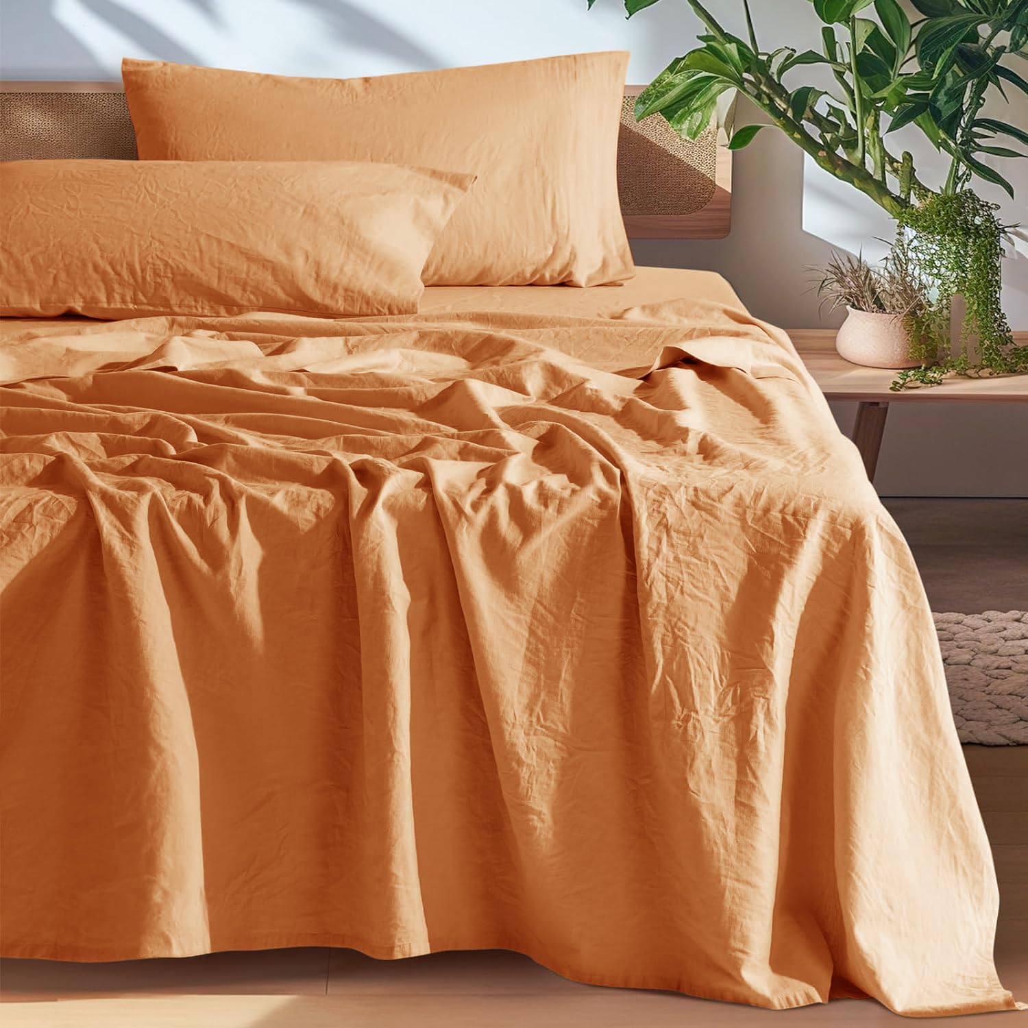 Photo 1 of SONORO KATE 100% French Pure Linen Sheets, Breathable and Durable Linen Queen Size Sheets, Anti-Tear Linen Bed Sheets, Machine Washable, 16 Inch Deep Pocket - 4 Piece (Orange, Queen)