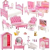 36Pcs Dollhouse Furniture Sets,Miniature 1:12 Scale Doll House Accessories and Furniture with Cat,Dog,Kitchen, Dining Room, Living Room,Bedroom for Playhouse Toy(Pink)