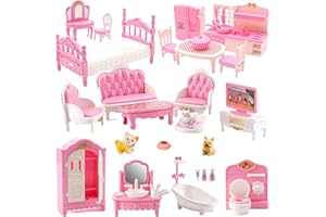 SWANKYSTYLE 36Pcs Dollhouse Furniture Sets,Miniature 1:12 Scale Doll House Accessories and Furniture with Cat,Dog,Kitchen, Dining Room, Living Room,Bedroom for Playhouse Toy(Pink)