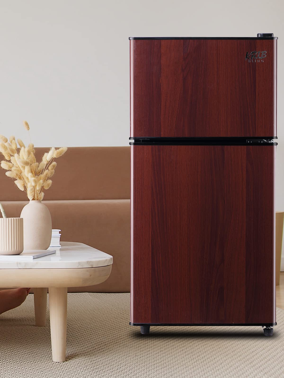 KRIB BLING Mini Fridge With Freezer,Compact Refrigerator With 2 Doors,7- Level Adjustable Thermostat, Removable Glass Shelves For Bedroom, Office, Kitchen, Apartment, Dorm,3.5 Cu. Ft Wood