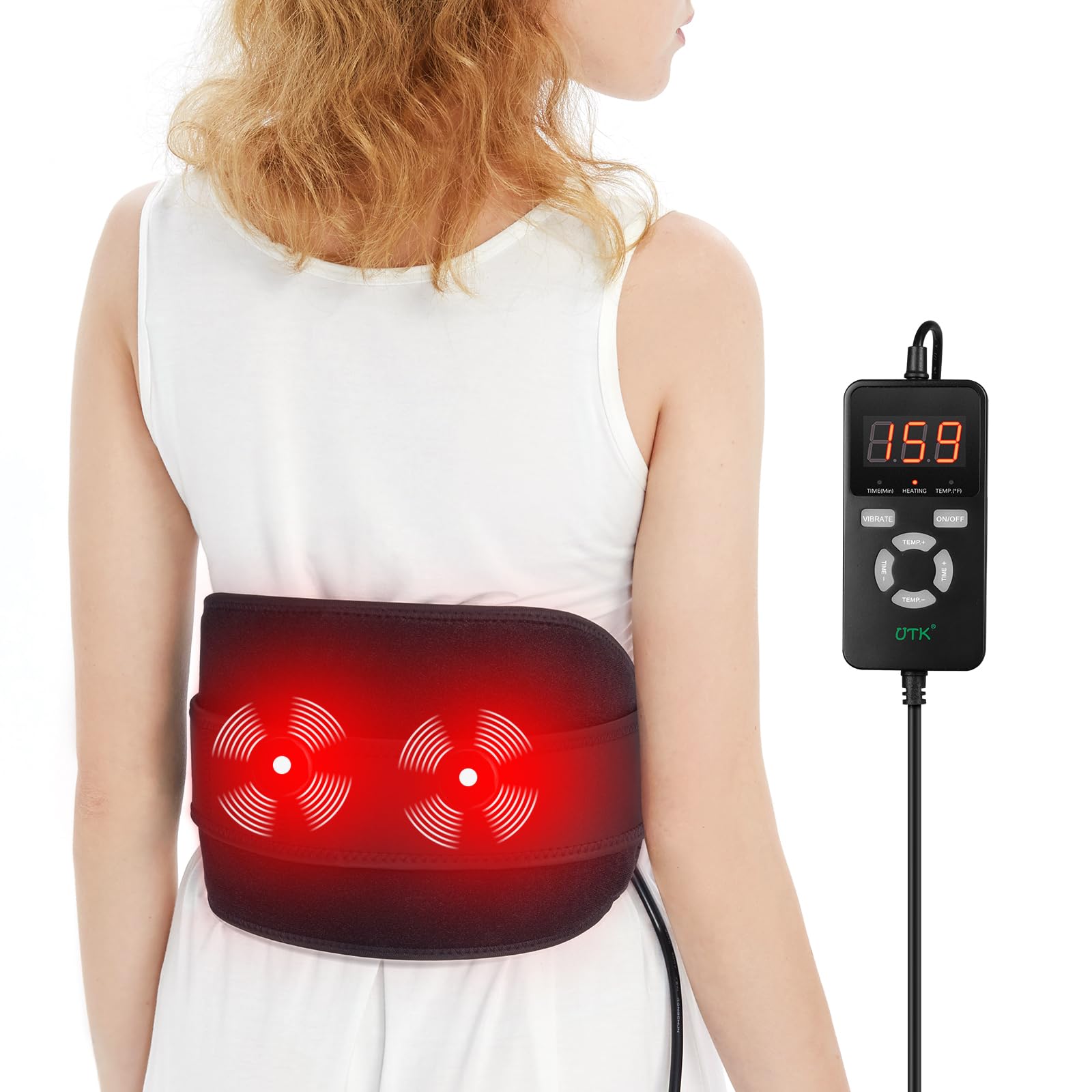 Photo 1 of UTK Vibrating Far Infrared Heating Pad for Back Pain Relief, Hot to 159?, Lower Back Massager Gift for Women Men, FSA-HSA Eligible, 3 Vibration, 16 Timers Auto-Off, 20 Jades, 35-55" Adjustable Size