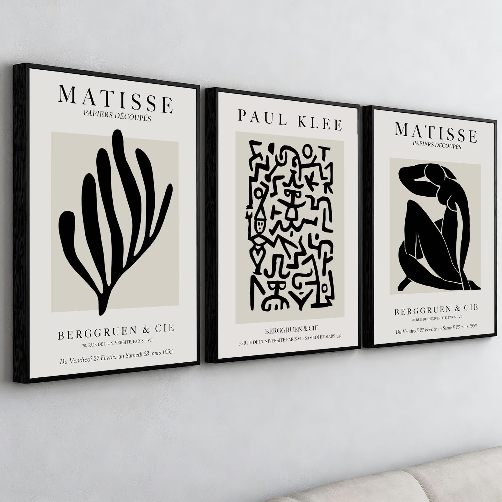 PWAAHDC Matisse Wall Art Set of 3, Framed Black and Beige Neutral Wall Art Prints for Bedroom and Living Room Walls, Pictures for Walls 30x40cm (12"x16")