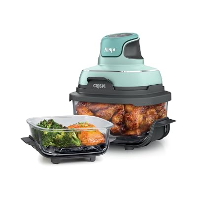 Ninja Crispi Air Fryer, Microwave, Freezer & Dishwasher Safe, Non Toxic Glass Portable Cooking System, 4 QT & 6 Cup Glass Containers with Storage Lids, Easy Meals, Air Fry, Bake, Mint (Renewed)