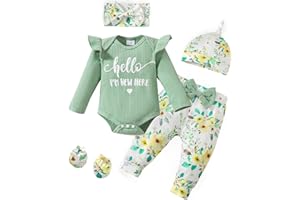 Sinhoon Newborn Baby Girl Clothes Hello I'm New Here Letter Romper+Floral Pants+Hat+Headband+Coming Home Outfits
