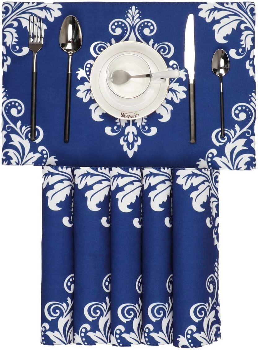 Brawarm Set of 6 Navy Blue Placemats for Dining Table, Manual Hand Painted Damask Floral Table Mats, Washable Place Mats for Kitchen Table 12 X 18 Inches