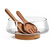 KITEISCAT Extra Large Glass Salad Bowl Set - Salad Bowls for Party with Acacia Wood Base and Salad Serving Utensils - Elegant