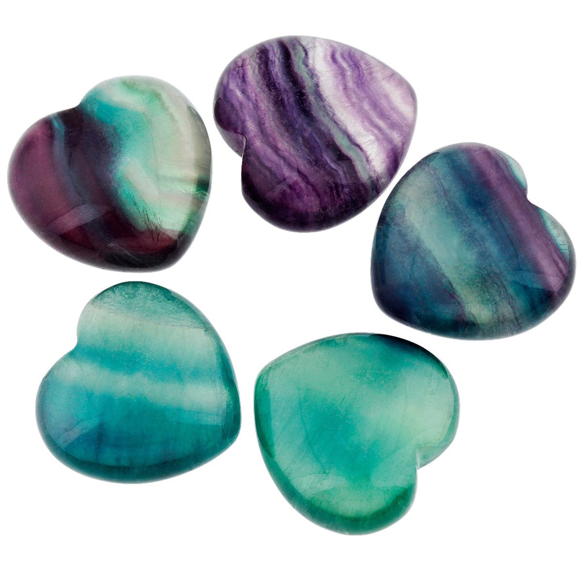 KYEYGWO Fluorite Puff Heart Healing Crystals Love Stone, Pocket Stones Palm Worry Stone for Reiki Meditation Balancing, 0.9" (pack of 5)