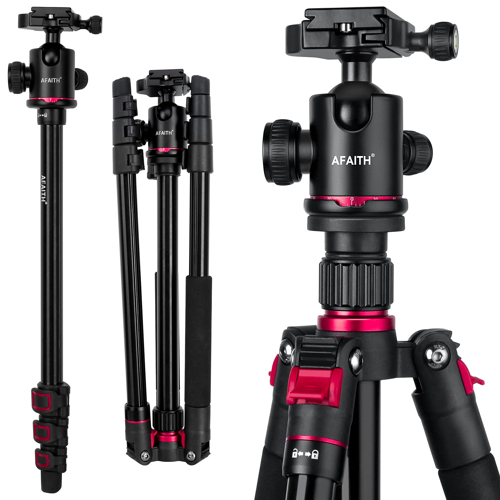 AFAITH Camera Tripod, 62" Lightweight Aluminum Monopod With 360 Degree Ball Head+Quick Release Plate+Carrying Bag, Portable Travel Tripod for Canon,Nikon,Sony and Other DSLR Camera