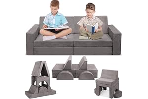 Betterhood Modular Kids Play Couch, 10PCS Child Sectional Sofa Imaginative Furniture Play Set for Creative Kids, Toddler to Teen Bedroom Furniture, Girls and Boys Playroom Convertible Sofa, Grey