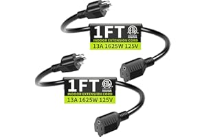 Short Extension Cord 1FT 2 Pack,16 AWG Black Power Cord Indoor for Laptops,Coffee Makers,Office Home Appliances, 3 Prong Small Extension Cable Outlet Saver,13A 125V 1625W,ETL Listed.