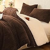 tohrisa Seashell Jacquard Sherpa Comforter Set Warm Cozy Premium Bedding 3 Pieces, King Size Geometric Pattern Quilt Comforter with 2 Pillowcases(104"X90" Coffee)