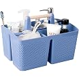 Rejomiik Tragbarer Duschkorb Aus Kunststoff – Mit Holzgriff, 3 Fächer, Drainagelöchern & Wasserfest (blau) – Ideal Fürs Badezimmer, WG & Reise