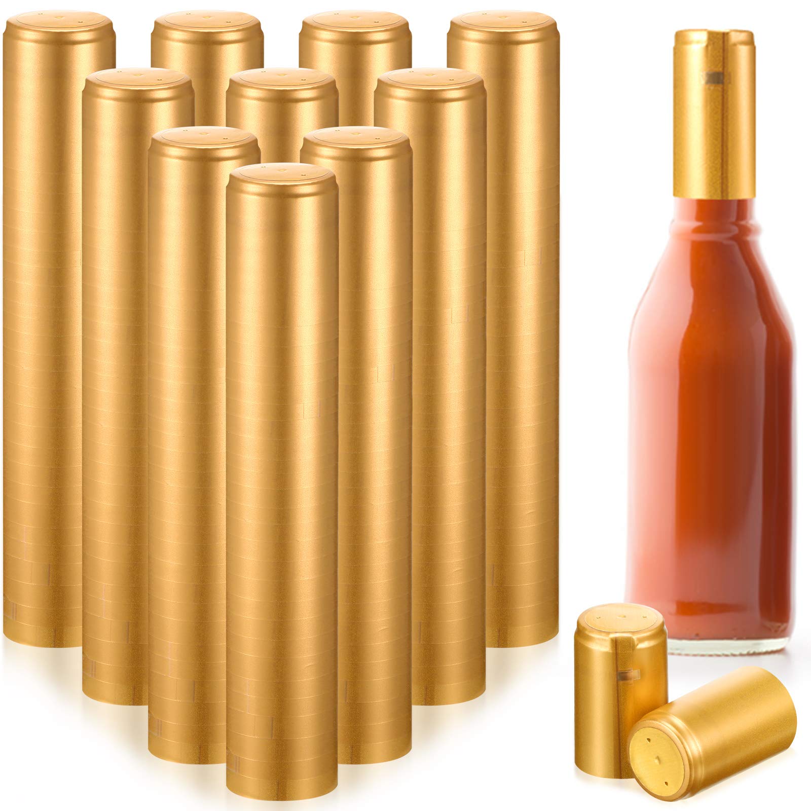 Photo 1 of Zonon 200 Pieces PVC Heat Shrink Capsules Hot Sauce Bottles 28 x 50mm Wine Woozy Bottles Capsules Shrink Caps,5oz 10oz(Gold)