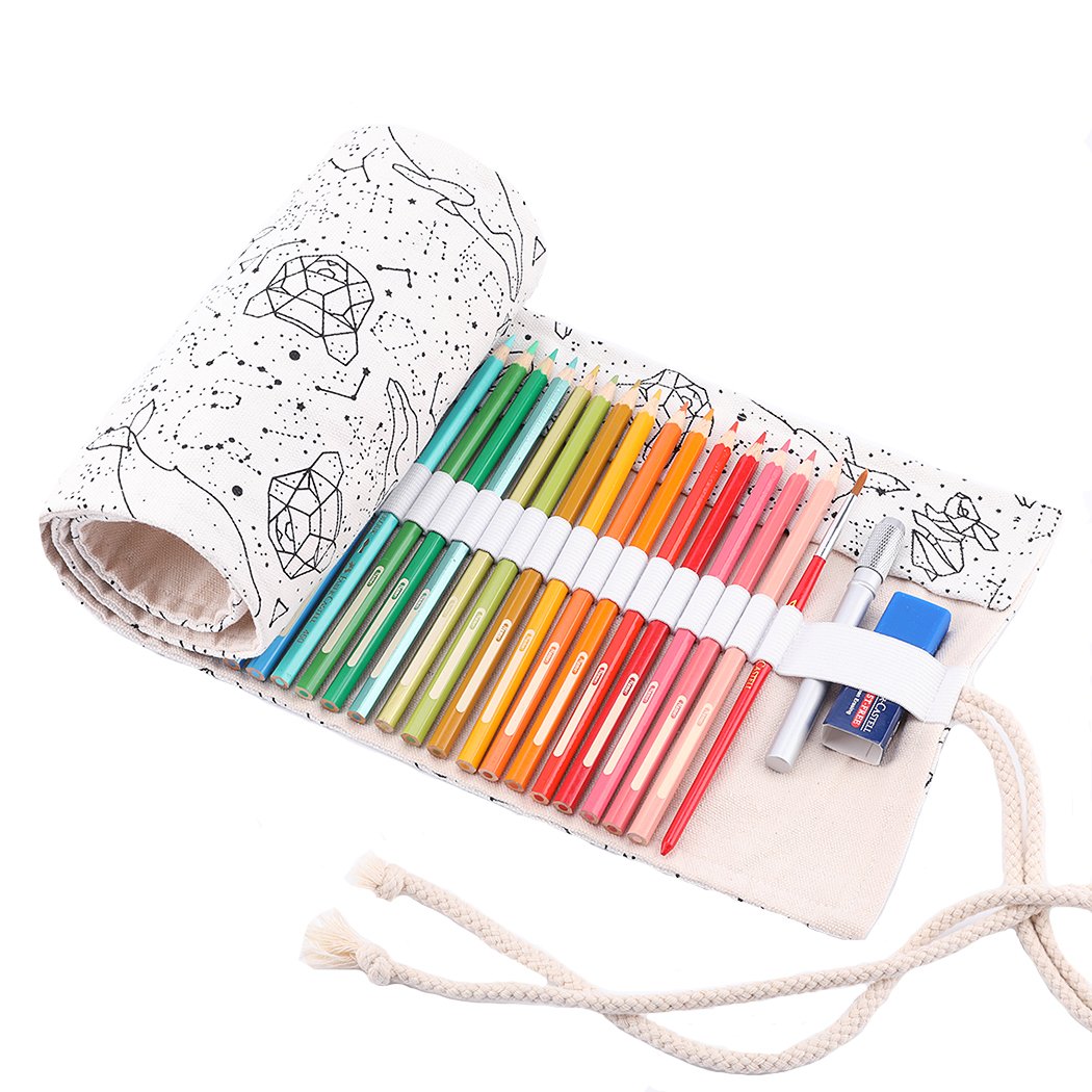 Amoyie Roll Up Pencil Case for 72 Coloured Pencils, Foldable Colouring Pens Organiser Bag, Artist Wrap, Portable Canvas Holder, Constellation White
