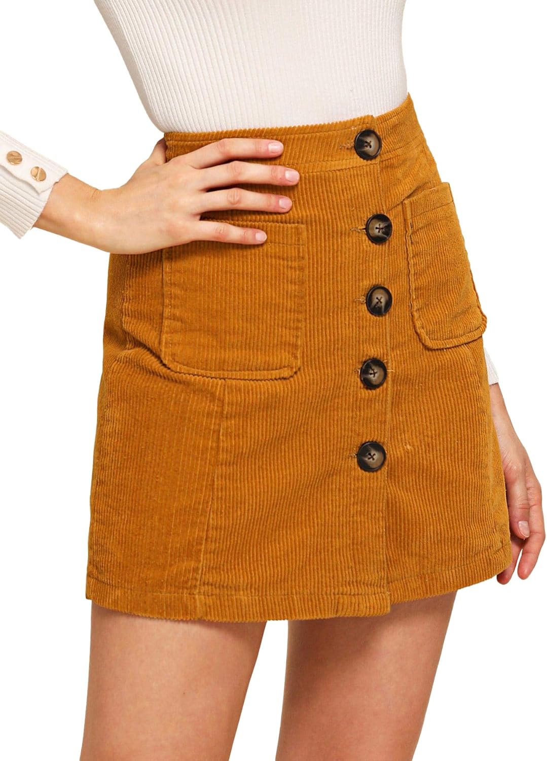 WDIRARA Women's Mid Waist Corduroy A-line Slim fit Button Casual Mini Skirt: Clothing