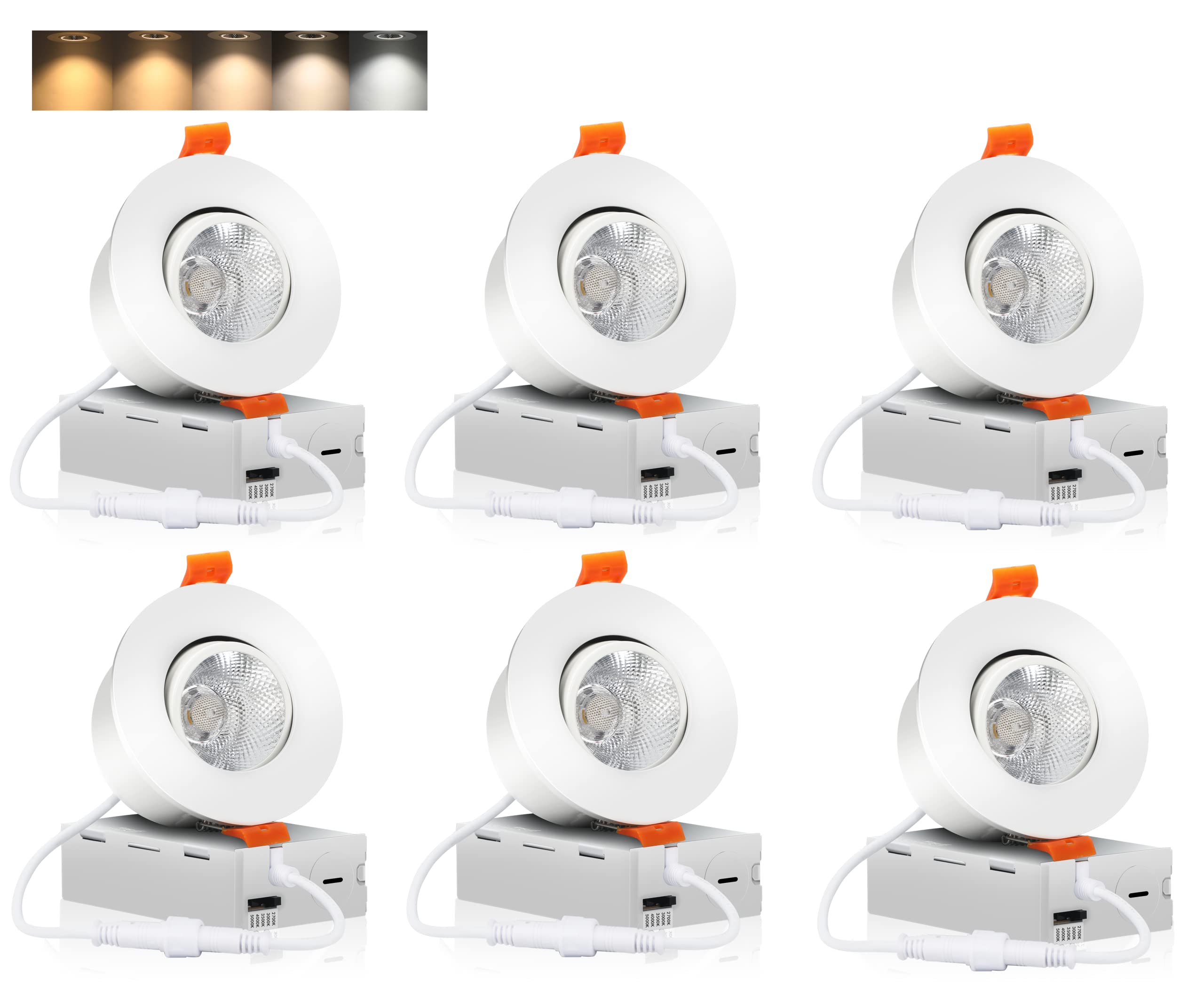 CLOUDY BAY 3 Inch 5CCT LED Eyeball Recessed Light,Dimmable Swivel Adjustable Downlight, 2700K/3000K/3500K/4000K/5000K Selectable,8W,Airtight,ETL,FCC,Pack of 6