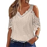 Flamingals Women's Cold Shoulder Eyelet Short Sleeve Hollow Out Lace Floral Sleeveless Blouse Top