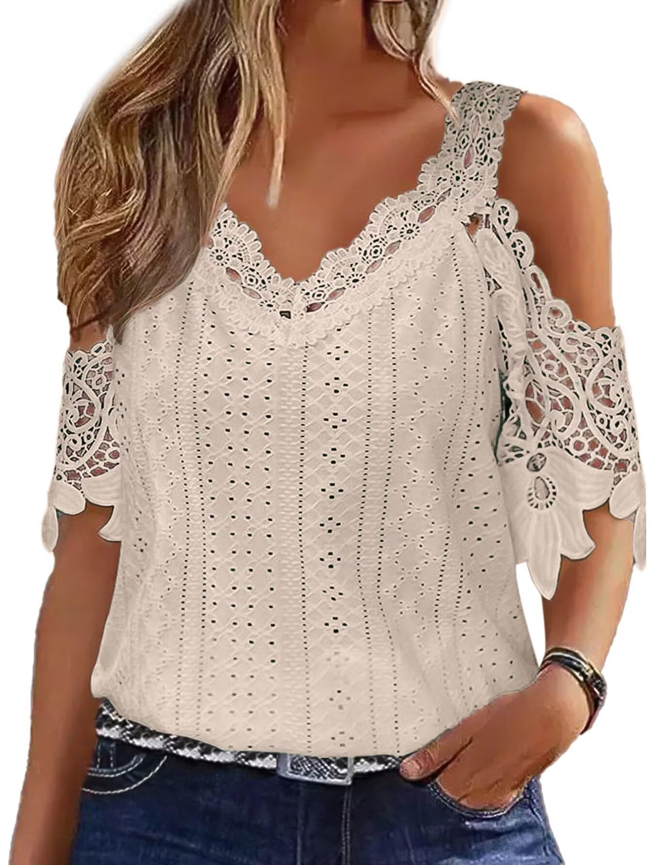 Photo 1 of (bagged) (2xl) Flamingals Women's Cold Shoulder Eyelet Short Sleeve Hollow Out Lace Floral Sleeveless Blouse Top Apricot 2XL