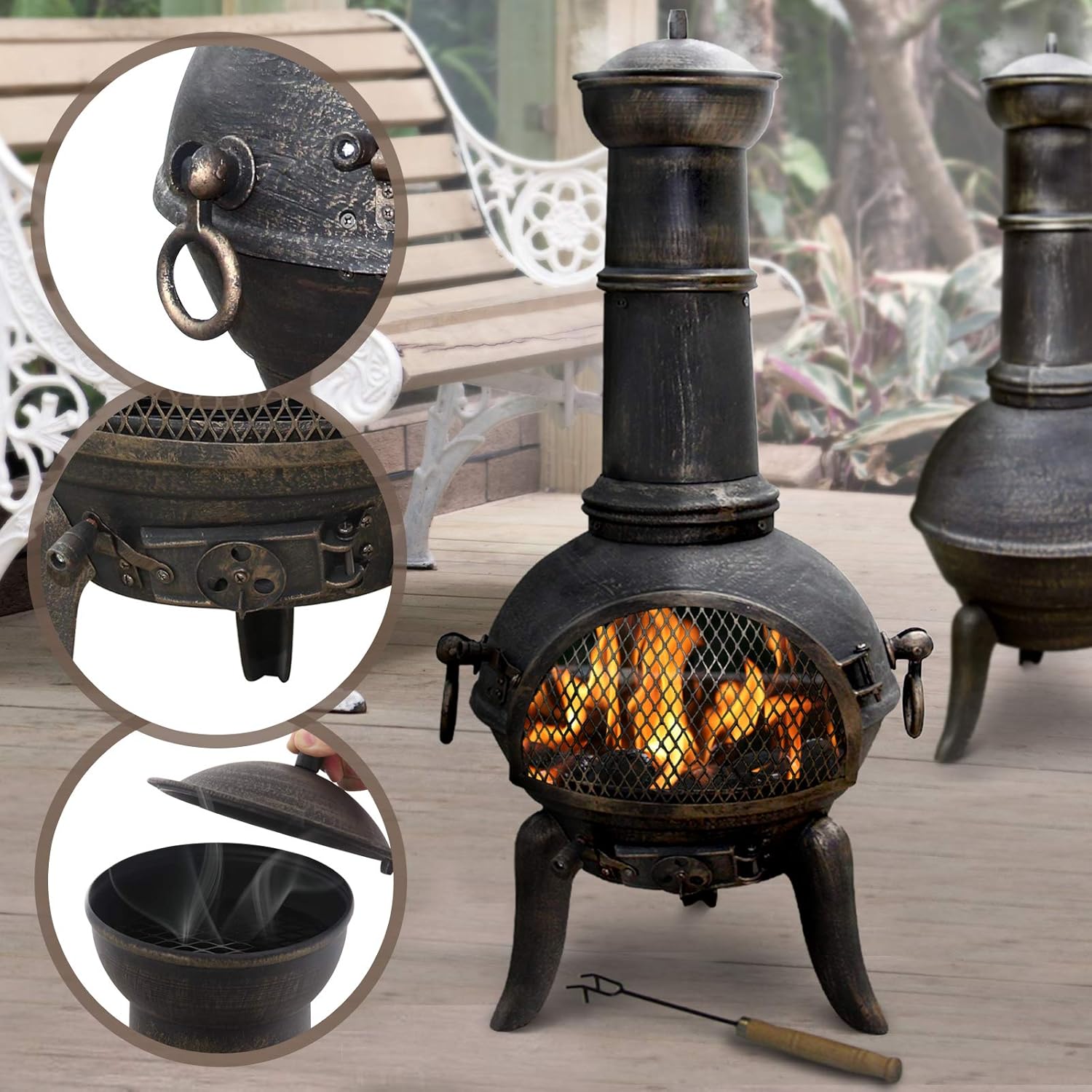 Outdoor Chiminea with Hinged Mesh Door Cast Iron, in Vintage Design