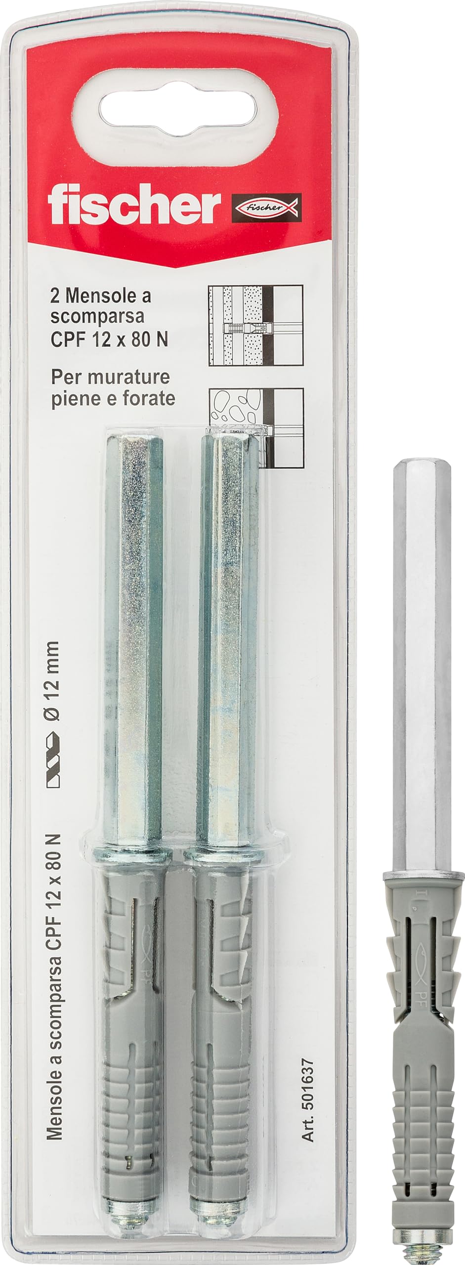 Fischer Pack of 2 Retractable Shelf Brackets CFP 12 x 80 K for Shelving and Shelving Applications on Solid and Half Masonry 501637