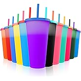 VASOLERIA Color Changing Cups with Lids and Straws 12pcs, 24Oz - Reusable Cups with Lids in 12 Multicolors - Perfect for Cold Coffee, Smoothie etc.