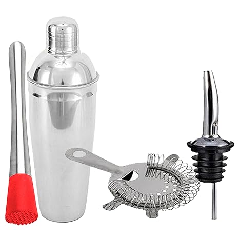 King International Stainless Steel Bar Set, Bartender Kit Cocktail Shaker Set, Silver, 4 Piece