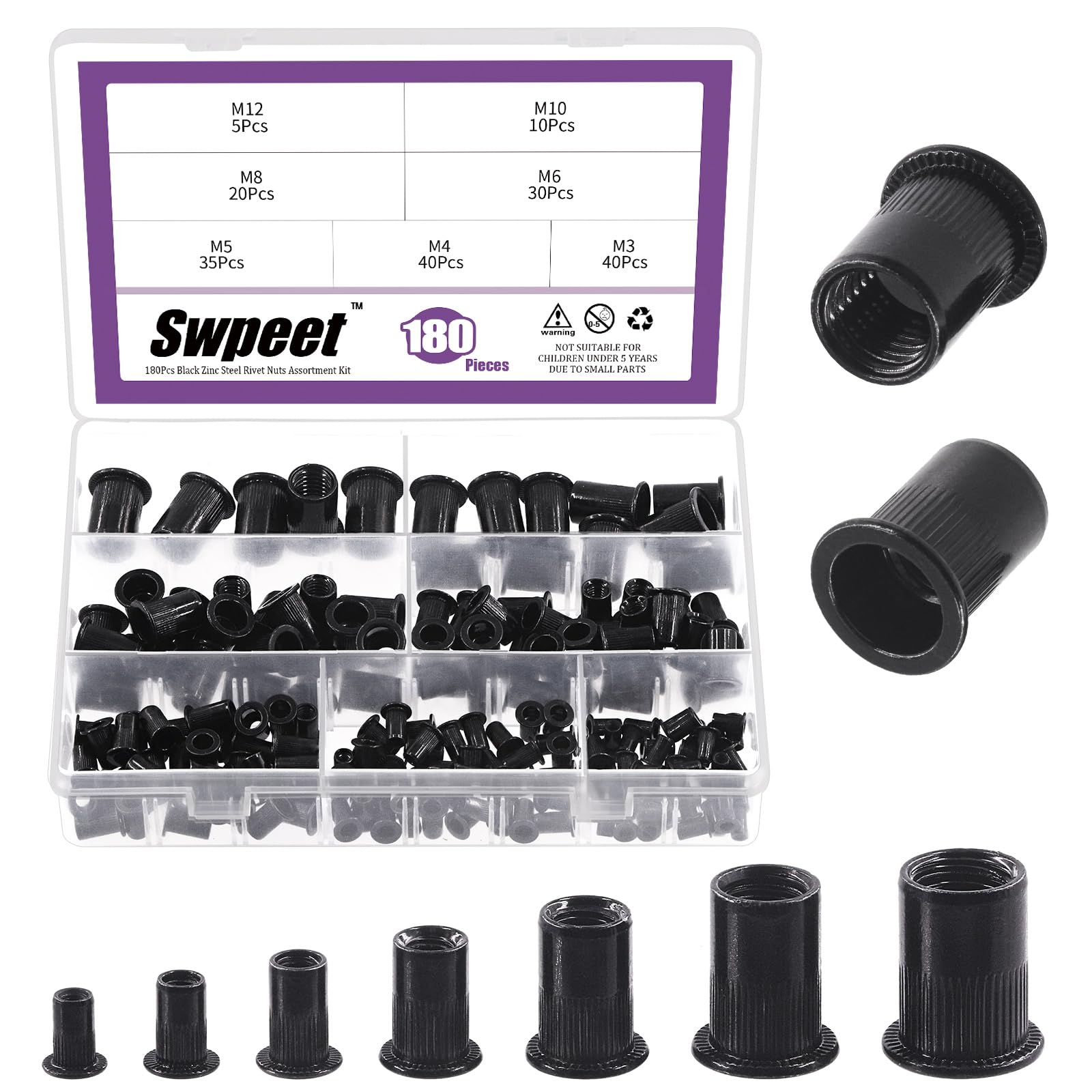 Swpeet 180Pcs 7 Sizes Metric Rivet Nuts Kit, M3 M4 M5 M6 M8 M10 M12 Rivet Nut, Metric Black Zinc Plated Carbon Steel Rivet Nut Inserts Kit, Flat Head Threaded Insert Nut Assort
