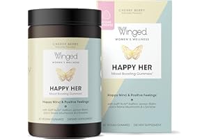 Winged Wellness Happy Her - Mood Support Gummies - Contains Saffr’ Activ Saffron Extract, 5-HTP, L-Tyrosine, Lion's Mane, Lemon Balm, and Chaste Tree - Vegan Gummy, Cherry Flavored - 42 Count