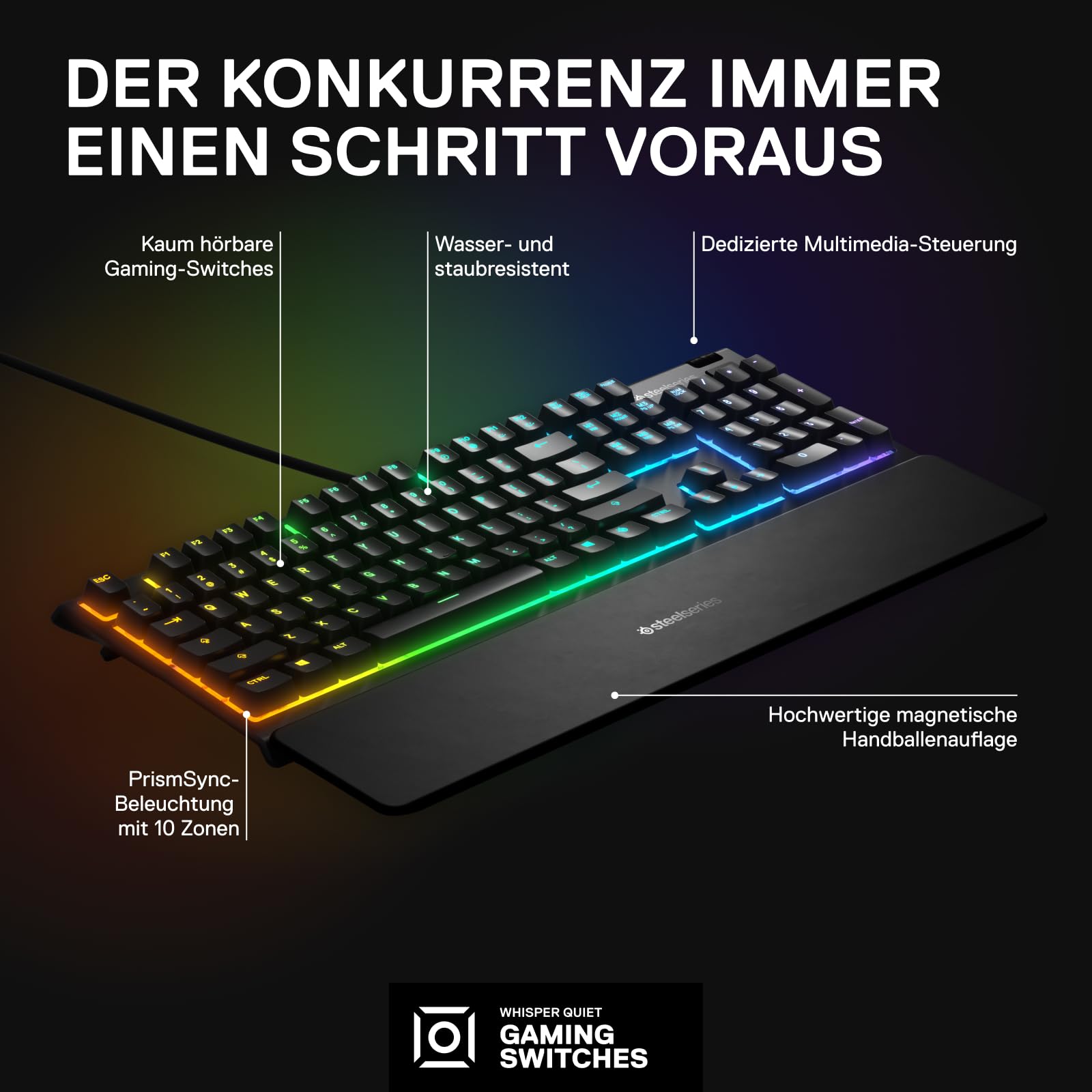 SteelSeries Apex 3 Gaming Tastatur - 10-Zonen RGB-Beleuchtung - Flüsterleise Gaming-Switches - Premium magnetische Handballenauflage - IP32 wassergeschützt - Deutsches (QWERTZ) Layout 3