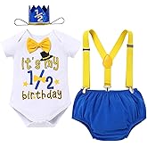 IBTOM CASTLE Baby Boys Half Birthday Cake Smash Outfit Short Sleeve Bowtie Romper+Diaper Cover Bloomers+Suspenders+Headband