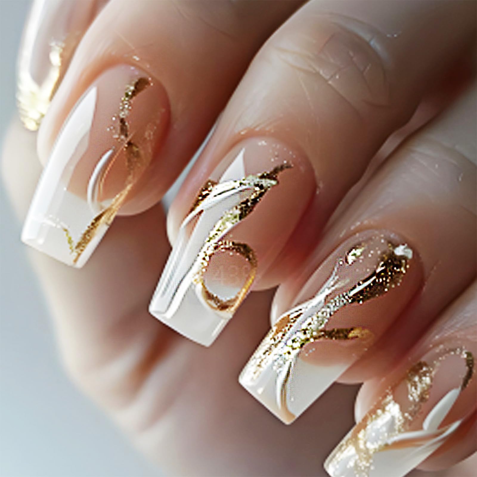 Photo 1 of White Curve Line Press on Nails Glossy Yellow Gradient Medium Square False Nails Gold Glitter Acrylic Fake Nail 24Pcs Ombre Stick on Fingernails Vine Gel Glue on Nail for Coquette Women Girls