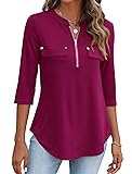 Halife Women's Blouses Dressy Casual 3/4 Sleeve Zip