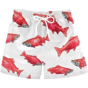 Pigsaly Boys Swim Board Shorts Watercolor Red Sockeye Salmon Fishes Boys Swim Trunks Kids Swimwear 2T