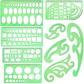 SIQUK Geometric Drawings Templates, 9 Pieces French Curve Geometric Templates Measuring Rulers Clear Green Plastic Rulers for