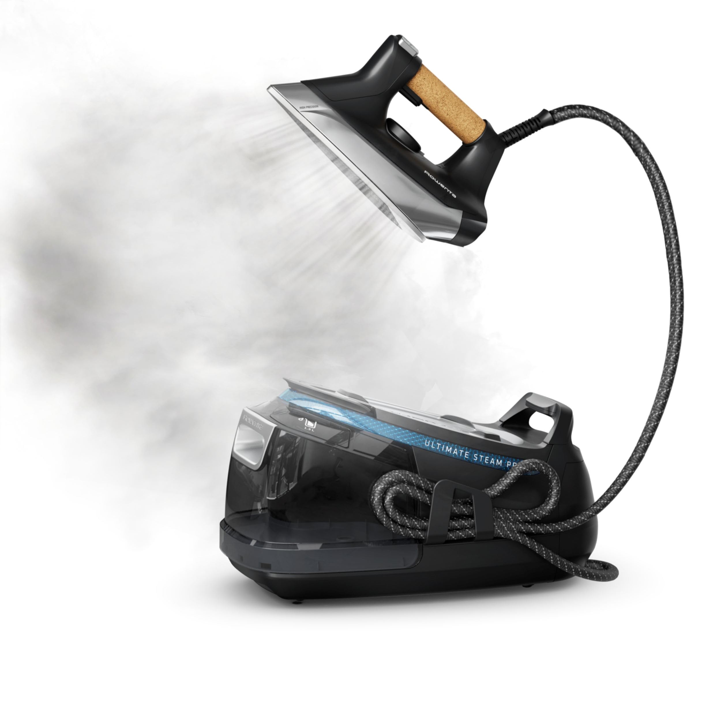 Rowenta, Iron, Ultimate Steam Pro Stainless Steel Soleplate Professional Steam Station for Clothes, 1800 Watts, 1.3L Removable Tank, Boiler Technology, Fast Heat Up, Black Clothes Iron, DG8668