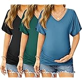 Ekouaer 3 Pack Maternity Shirts V Neck Dolman Sleeve Side Ruched Pregnancy Tops Tunic Blouse