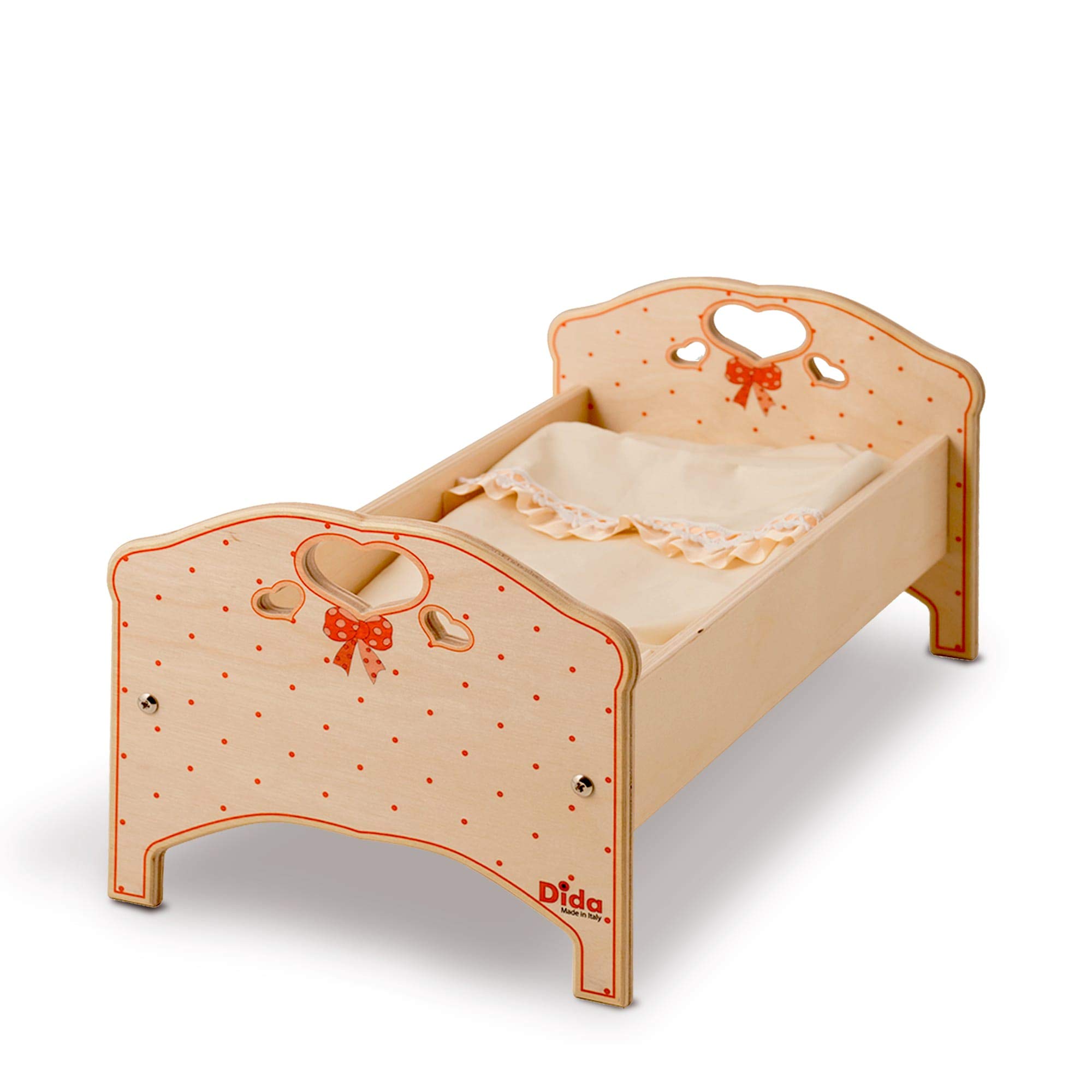 Dida - wooden cot with mattress + sheet set for dolls - decoration: Bow