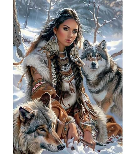 5D Diamond Art Painting Native Indian American Woman and Wolf Full