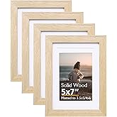 KINLINK 5x7 Picture Frame Natural, Solid Wood Frames with Acrylic Plexiglass for Pictures 3.5x5/4x6 with Mat or 5x7 without Mat, Tabletop and Wall Display Photo Frame, Set of 4