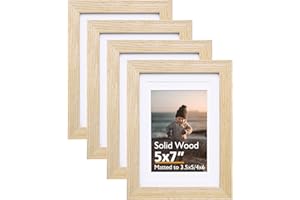 KINLINK 5x7 Picture Frame Natural, Solid Wood Frames with Acrylic Plexiglass for Pictures 3.5x5/4x6 with Mat or 5x7 without Mat, Tabletop and Wall Display Photo Frame, Set of 4