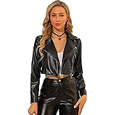 Allegra K Women's Faux Leather Long Sleeve Zipper Up Moto Cropped Jacket