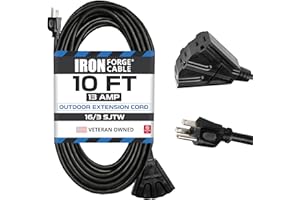 Iron Forge Cable 3 Outlet Outdoor Extension Cord 10 ft, 16/3 SJTW Black Extension Cord with Multiple Outlets 3 Prong, Weatherproof 13 Amp Exterior Power Cable for Outdoor Lights, Lawn & Landscaping