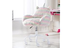 HNY Cute Unicorn Kids Desk Chair, Comfortable Fuzzy Small Desk Chair for Girls, Adjustable Swivel Chair with Arms, Rainbow Colour