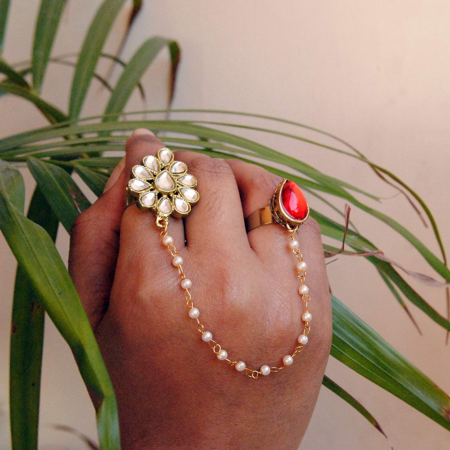 Red Pear Shape Kundan 2 Finger Ring Linked With Pearl Chain. Adjustable Double Rings. Teardrop White Kundan Flower. Ethnic Fashion Jewelry Handmade Unique Traditional Jewelry Pearl Ring Flower Ring