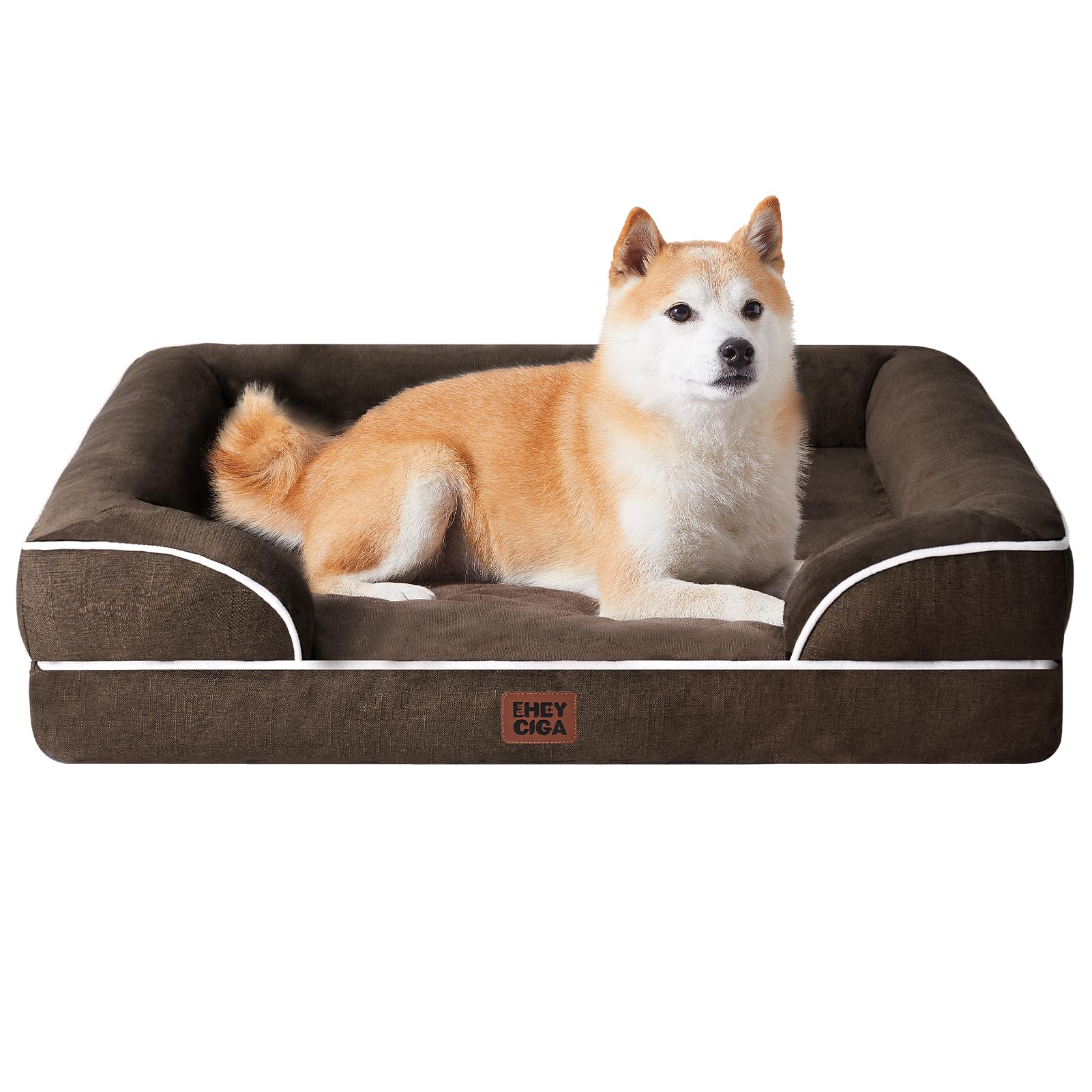 EHEYCIGA Orthopedic Dog Beds for Large Dogs, Waterproof Memory Foam Large Dog Bed with Sides, Non-Slip Bottom and Egg-Crate Foam Pet Couch Bed with Washable Removable Cover, Brown